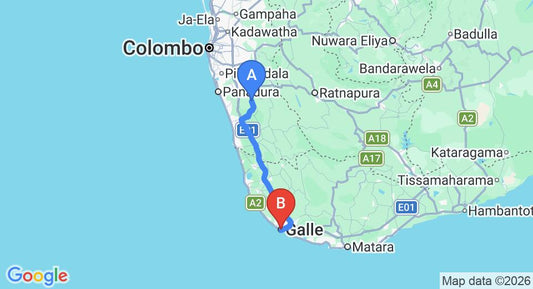 Driving route map: Yala to Galle (89 km, approx 1 h 37 min private transfer)