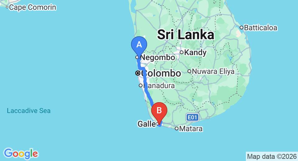 Driving route map: Colombo Airport (CMB) to Thaproban Pavilion Waves, Unawatuna (154 km, approx 2 h 14 min private transfer)