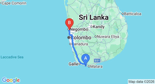 Driving route map: Weligama to Colombo Airport (CMB) (170 km, approx 2 h 17 min private transfer)