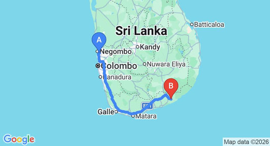Driving route map: Colombo Airport (CMB) to Sun Sinda Hotel, Tissamaharama (279 km, approx 3 h 43 min private transfer)
