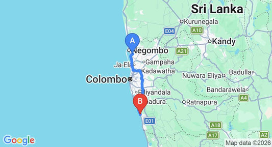 Driving route map: Colombo Airport (CMB) to Golden Sun Resort, Kalutara (83 km, approx 1 h 30 min private transfer)