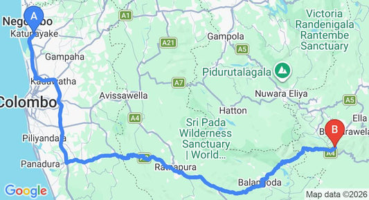 Driving route map: Colombo Airport (CMB) to Shangrilla Tea Haven, Haputale (208 km, approx 4 h 59 min private transfer)