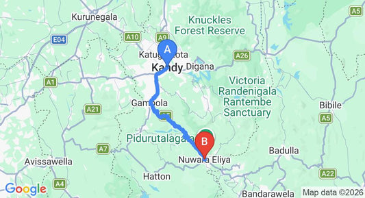 Driving route map: Kandy to Nuwara Eliya (73 km, approx 2 h 30 min private transfer)