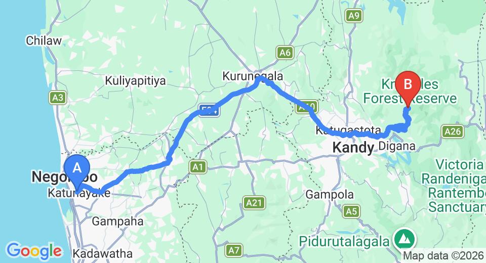 Driving route map: Colombo Airport (CMB) to Knuckles View Holiday Home, Kandy (151 km, approx 4 h 18 min private transfer)