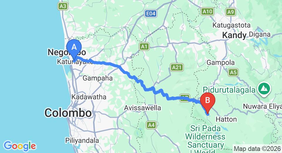 Driving route map: Colombo Airport (CMB) to Maskelioya Family Park Resort, Hatton (102 km, approx 3 h 19 min private transfer)