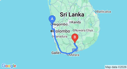 Driving route map: Colombo Airport (CMB) to Big Game Camps and Lodges Udawalawe, Udawalawe (260 km, approx 3 h 39 min private transfer)