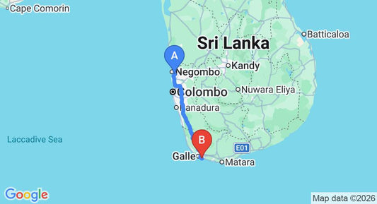 Driving route map: Colombo Airport (CMB) to Blue Sky Beach Resorts, Unawatuna (155 km, approx 2 h 11 min private transfer)