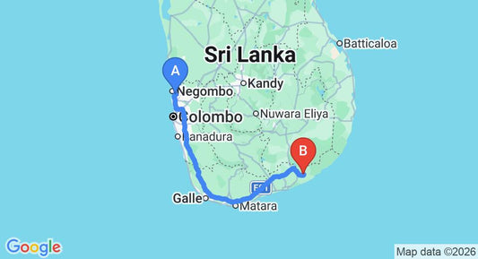 Driving route map: Colombo Airport (CMB) to Blue Turtle Hotel, Tissamaharama (280 km, approx 3 h 46 min private transfer)