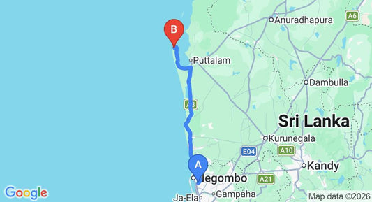 Driving route map: Colombo Airport (CMB) to Kalkudah (127 km, approx 3 h 1 min private transfer)