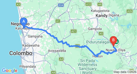 Driving route map: Colombo Airport (CMB) to CheRiz Boutique Villa Hotel, Nuwara Eliya (158 km, approx 4 h 54 min private transfer)