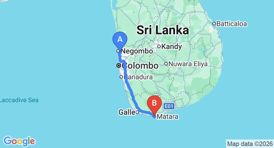 Driving route map: Colombo Airport (CMB) to Lavender Lyrics Guest, Matara (184 km, approx 2 h 32 min private transfer)