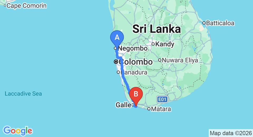 Driving route map: Colombo Airport (CMB) to Cantaloupe Aqua, Talpe (156 km, approx 2 h 15 min private transfer)