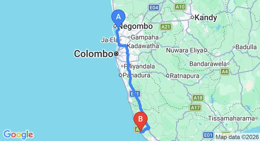 Driving route map: Colombo Airport (CMB) to Aston Villa, Hikkaduwa (142 km, approx 2 h 5 min private transfer)