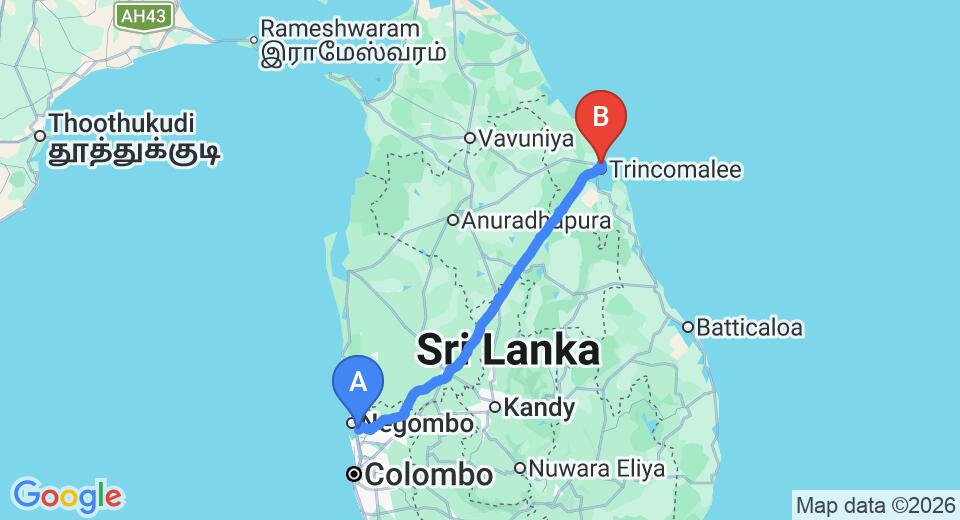Driving route map: Colombo Airport (CMB) to Sea Lotus Park Hotel, Trincomalee (238 km, approx 4 h 51 min private transfer)