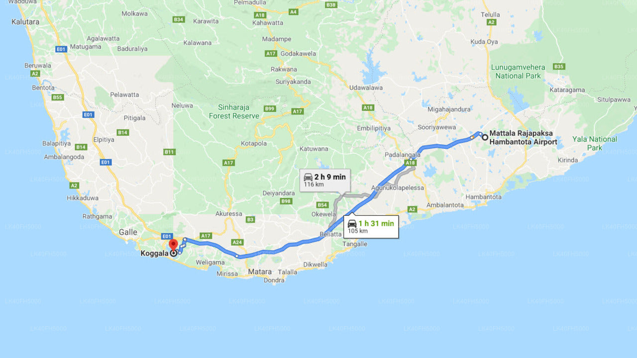 Частный трансфер из города Коггала в аэропорт Маттала (HRI)