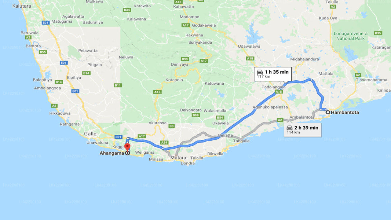 Частный трансфер из города Хамбантота в город Ахангама