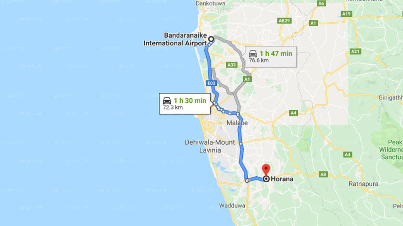 Transfer between Colombo Airport (CMB) and Governors River Lodge Horana, Horana