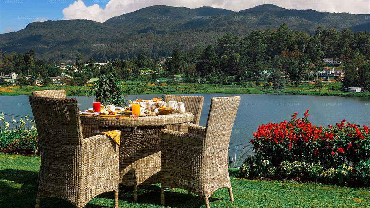 Outdoor breakfast table setup with wicker chairs overlooking a scenic lake and mountains in the background.