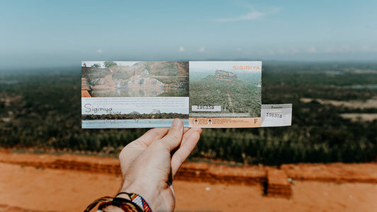 A hand holding a ticket with a scenic view in the background, presumably for entry to a heritage site.